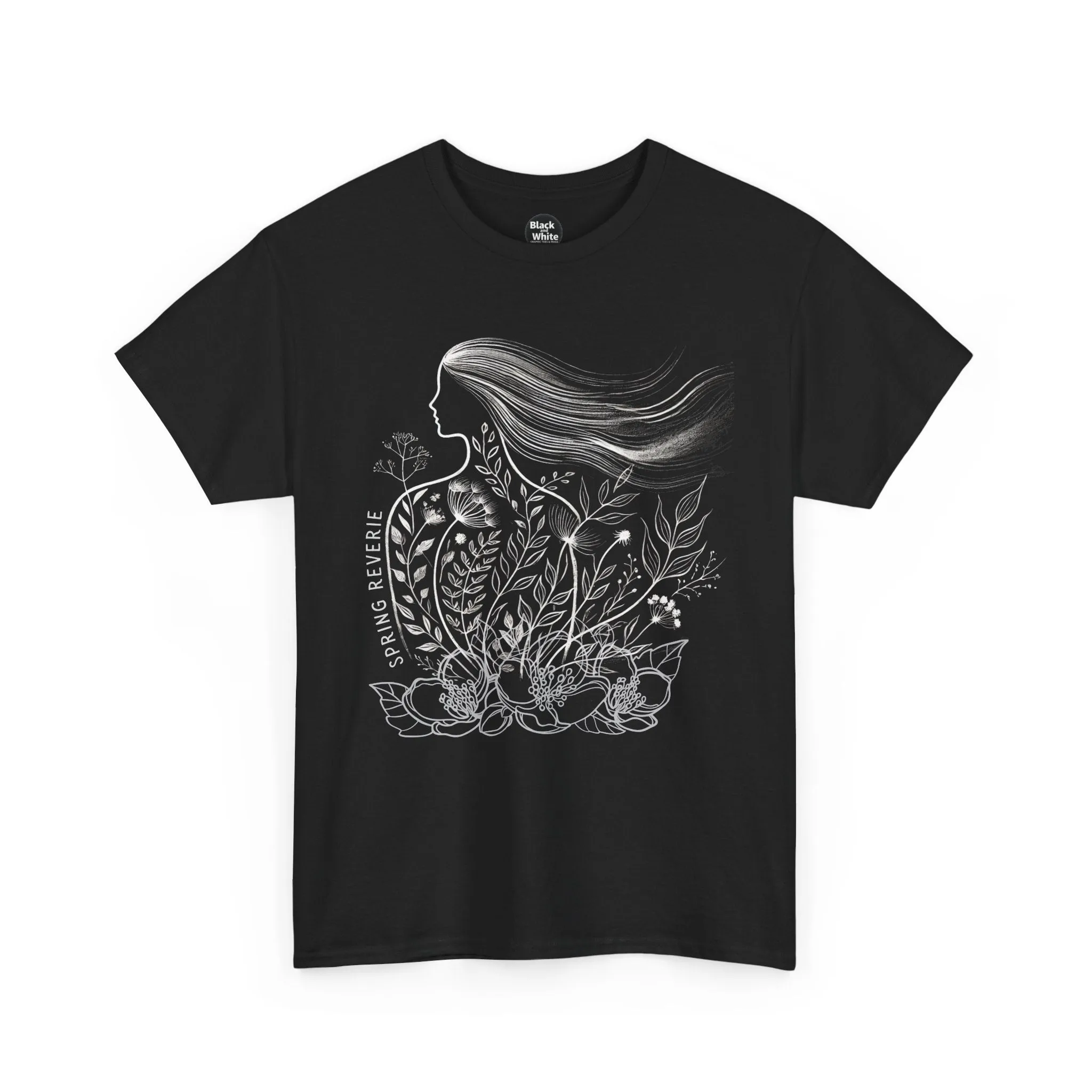 Black Graphic Tee | Floral Spring Breeze Unisex Heavy Cotton Shirt | Minimalist Feminine Art Tee | Botanical Nature-Inspired T-Shirt