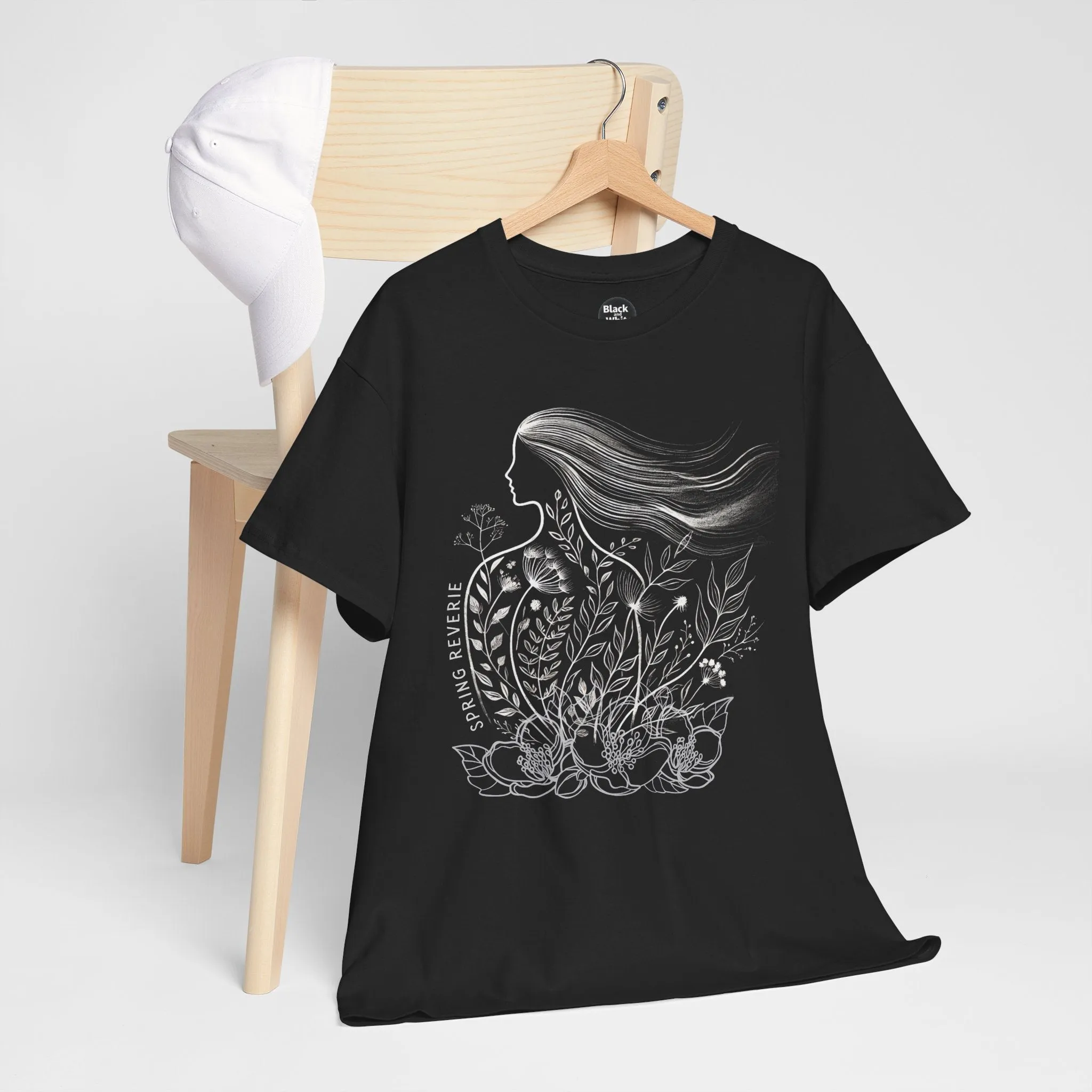Black Graphic Tee | Floral Spring Breeze Unisex Heavy Cotton Shirt | Minimalist Feminine Art Tee | Botanical Nature-Inspired T-Shirt