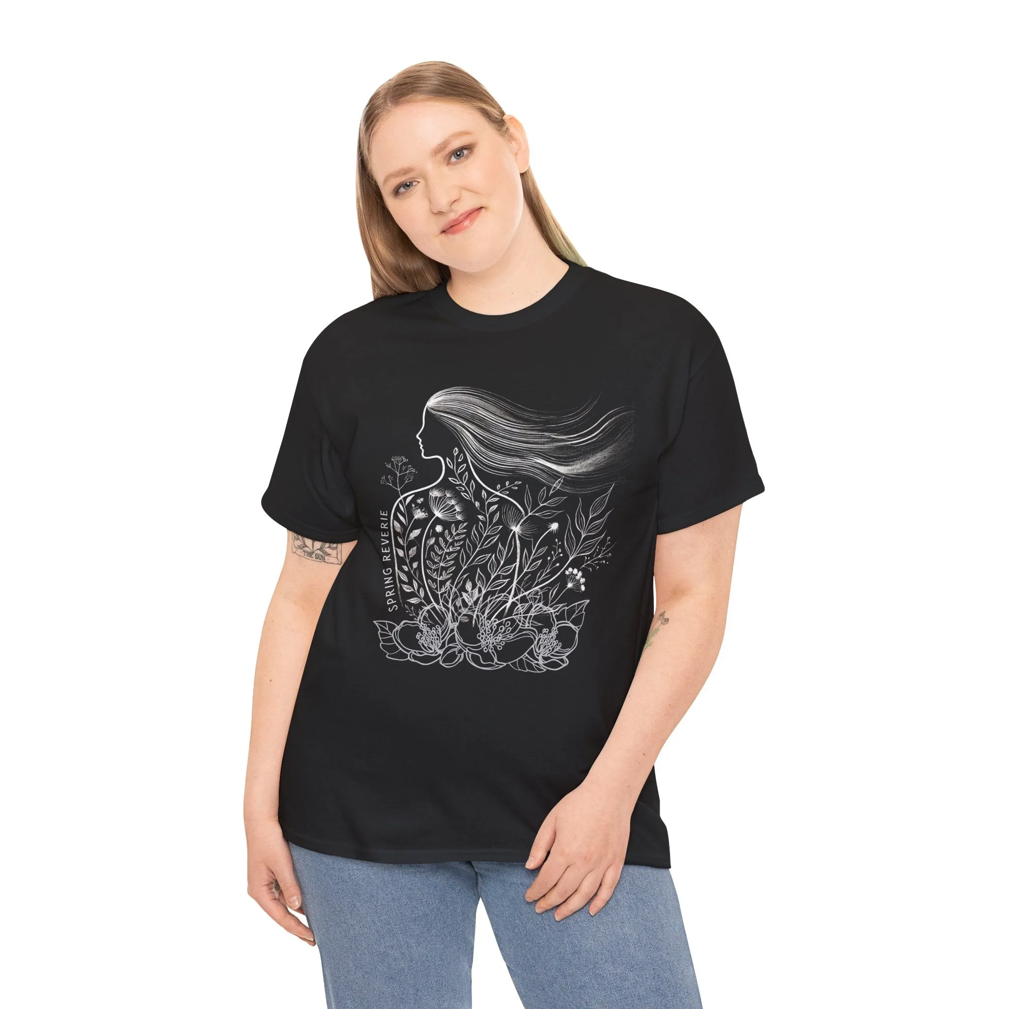 Black Graphic Tee | Floral Spring Breeze Unisex Heavy Cotton Shirt | Minimalist Feminine Art Tee | Botanical Nature-Inspired T-Shirt