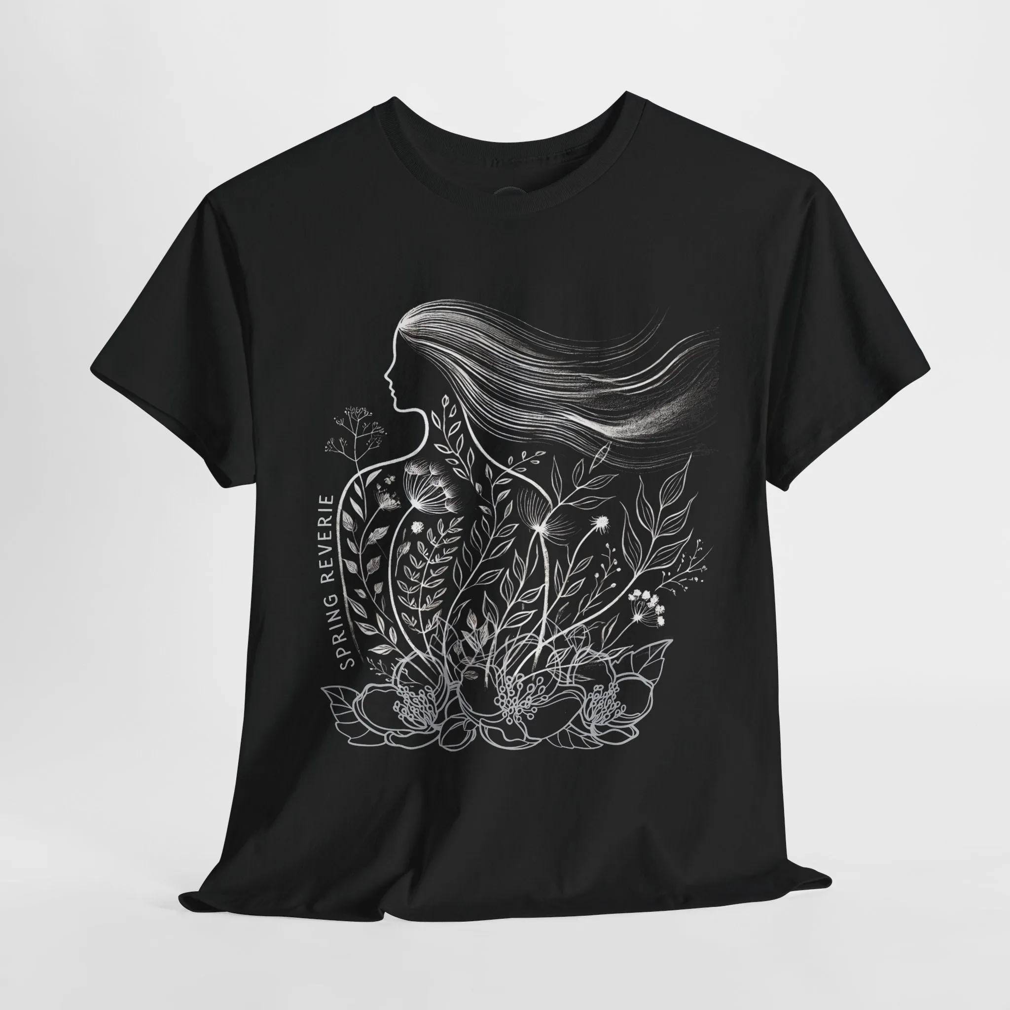 Black Graphic Tee | Floral Spring Breeze Unisex Heavy Cotton Shirt | Minimalist Feminine Art Tee | Botanical Nature-Inspired T-Shirt