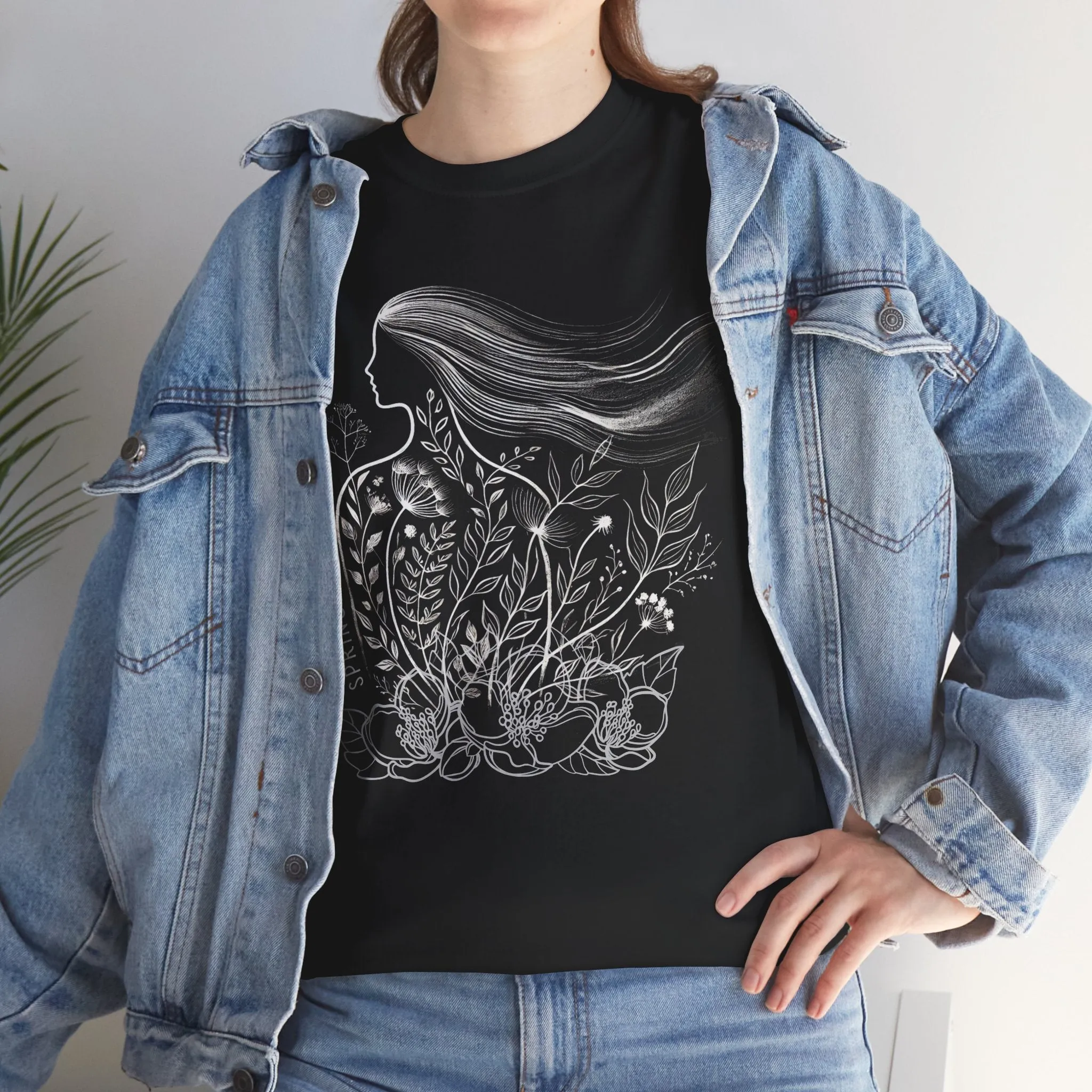 Black Graphic Tee | Floral Spring Breeze Unisex Heavy Cotton Shirt | Minimalist Feminine Art Tee | Botanical Nature-Inspired T-Shirt