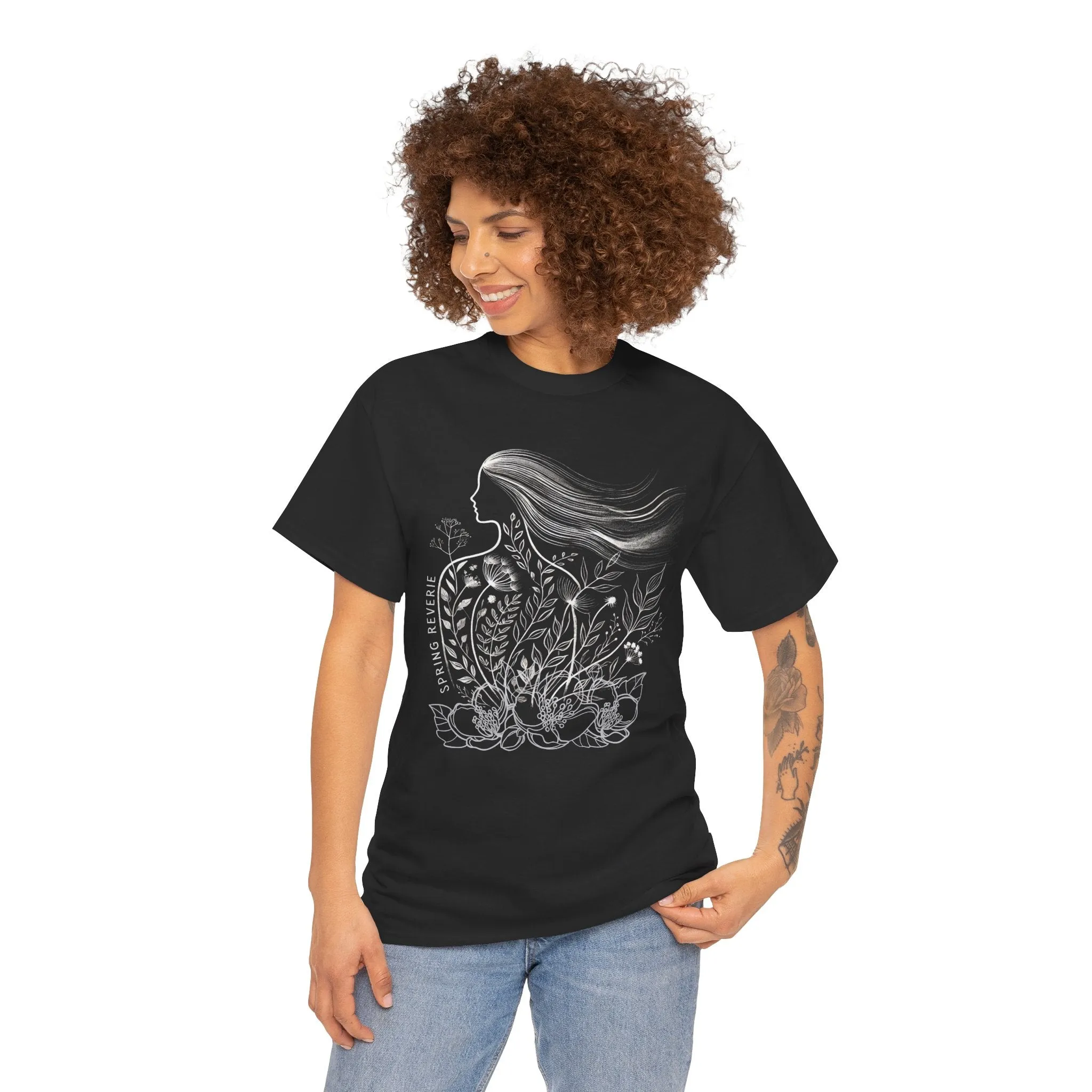 Black Graphic Tee | Floral Spring Breeze Unisex Heavy Cotton Shirt | Minimalist Feminine Art Tee | Botanical Nature-Inspired T-Shirt
