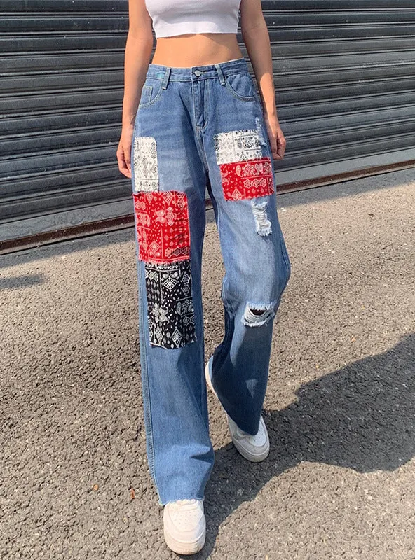 Contrast Color High Waist Hole Jeans