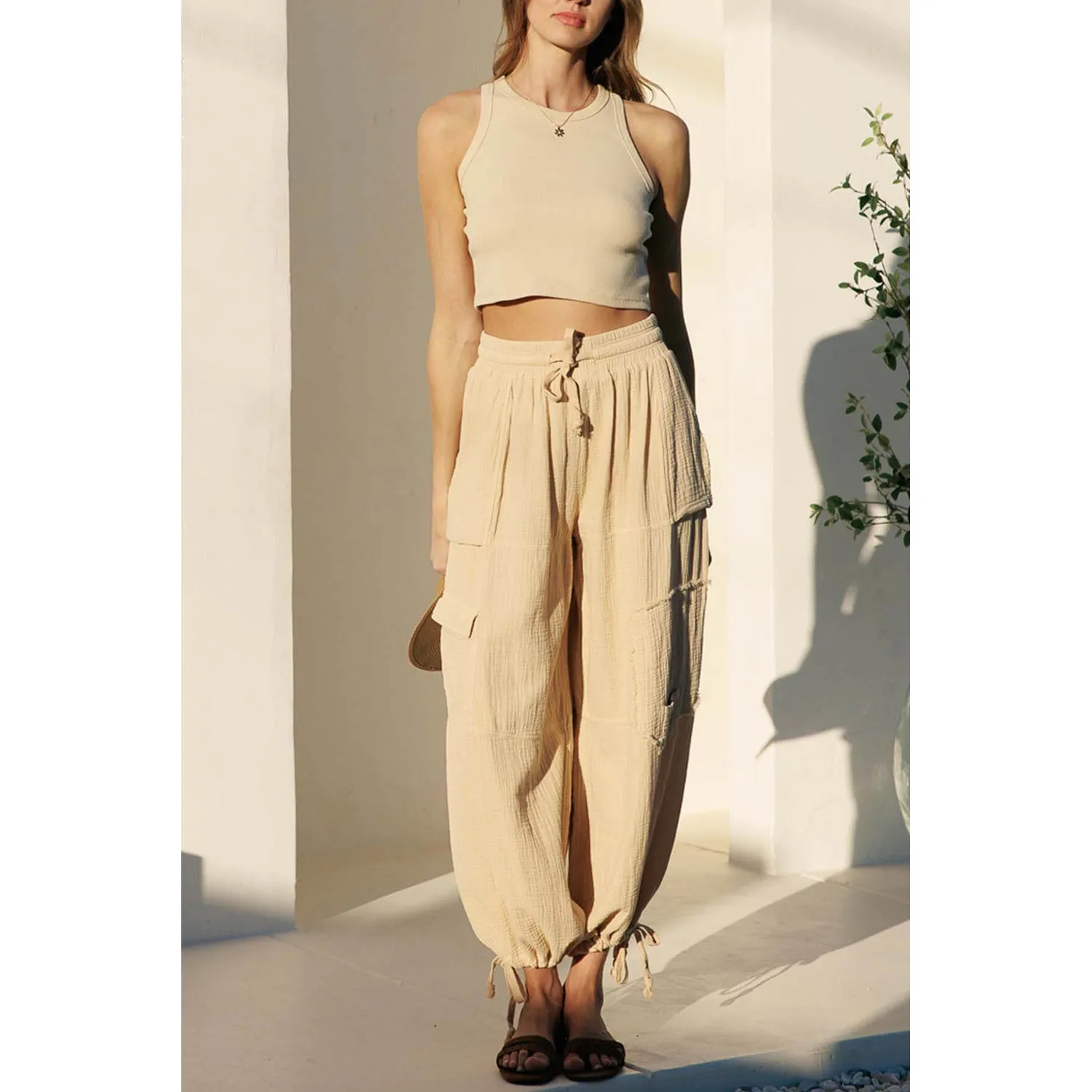 Crinkle Gauze Cargo 2-In-1 Drawstring Tie Hem Jogger - Warm Sand