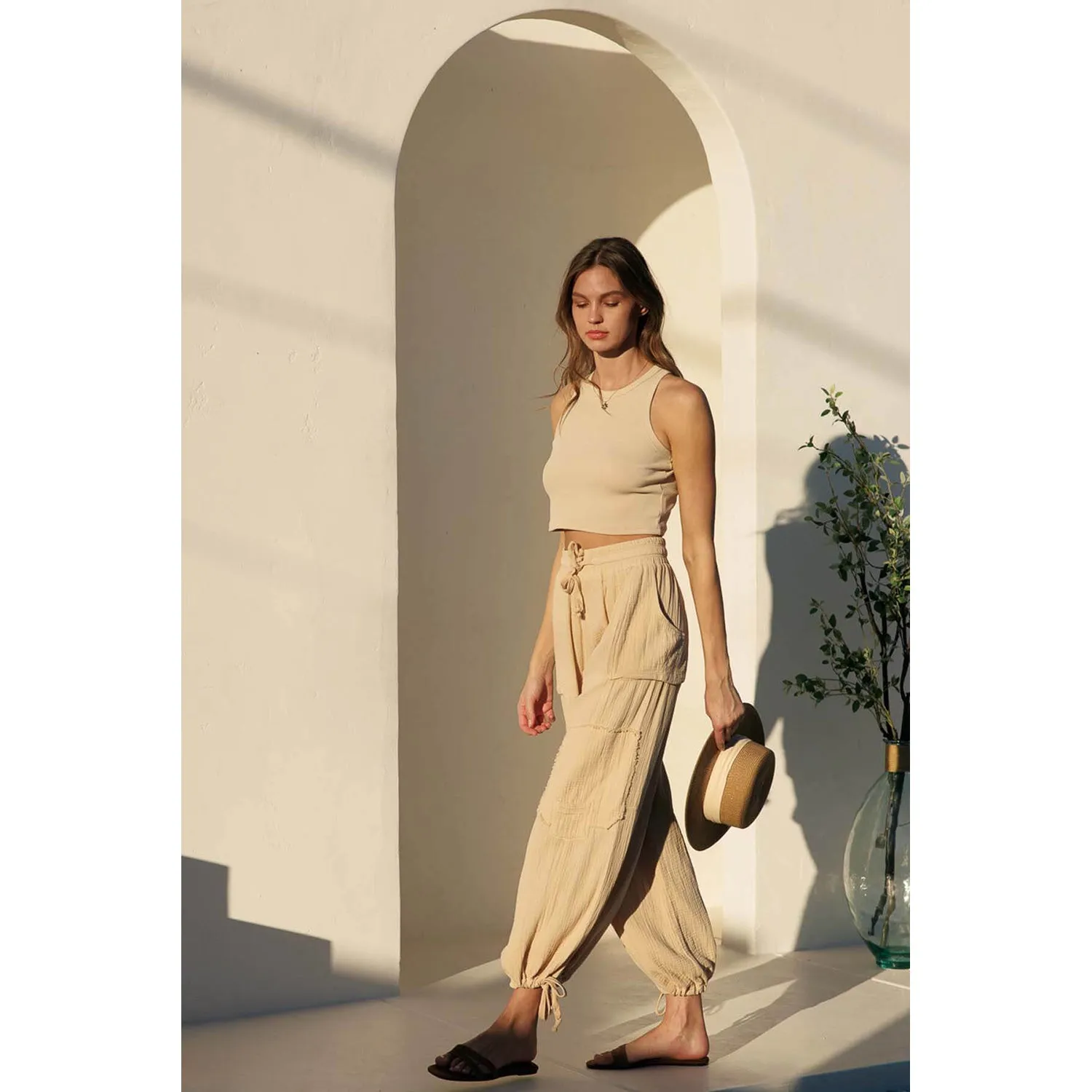 Crinkle Gauze Cargo 2-In-1 Drawstring Tie Hem Jogger - Warm Sand