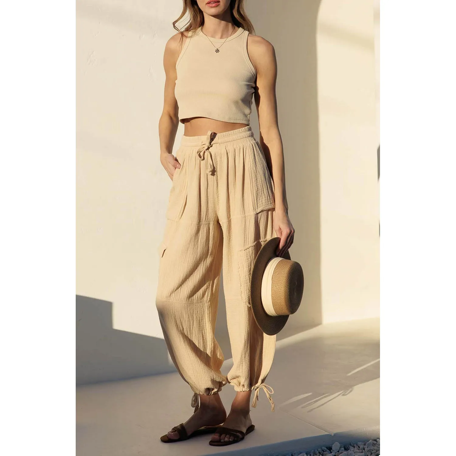 Crinkle Gauze Cargo 2-In-1 Drawstring Tie Hem Jogger - Warm Sand