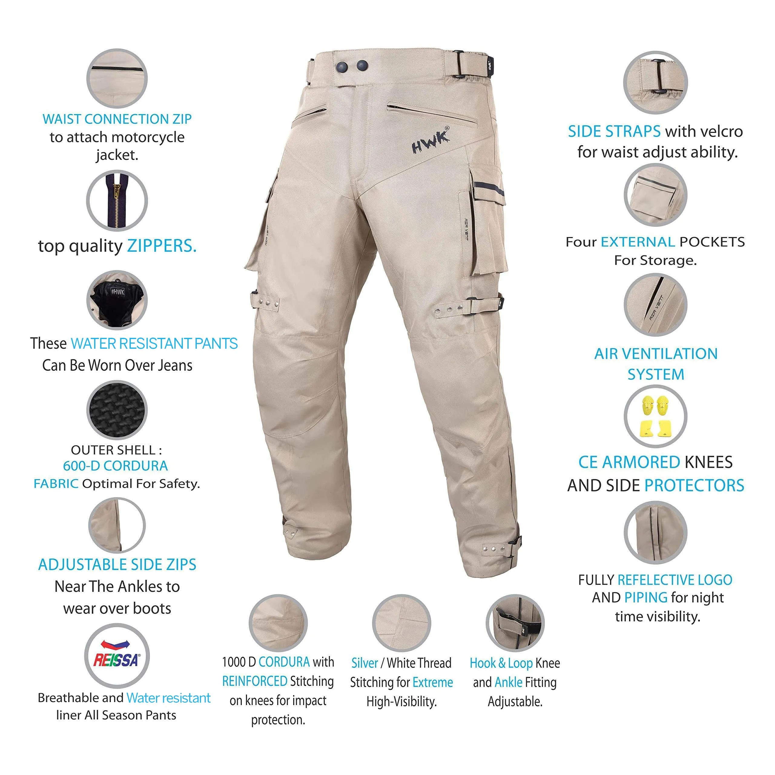 HWK Motorcycle Pants Adventure Dirt Bike Dualsport Riding Water Resistant Pant