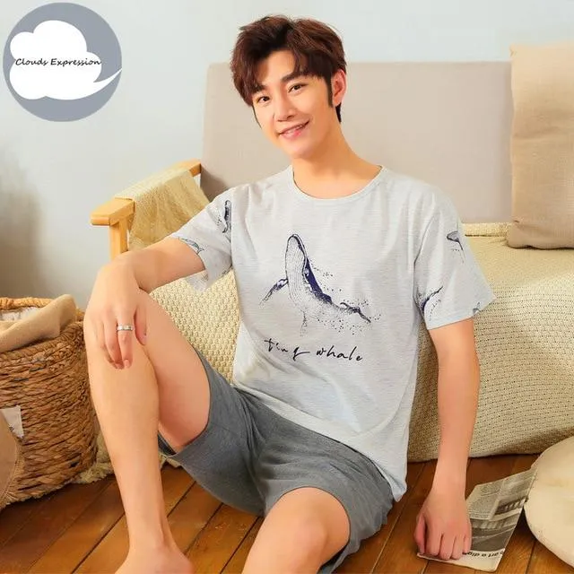 Summer Knitted Cotton Short Sleeved Men's Pajamas Sets Male Pajama Set Letter Pajama For Men Sleepwear Suit Homewear Size XXXL