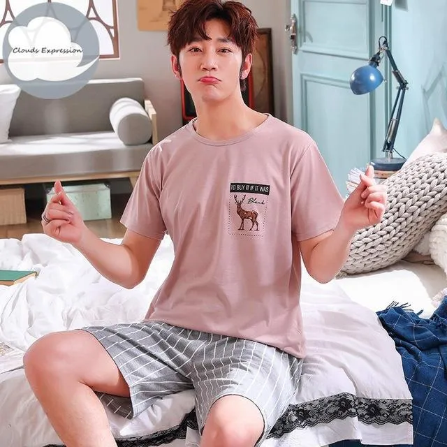 Summer Knitted Cotton Short Sleeved Men's Pajamas Sets Male Pajama Set Letter Pajama For Men Sleepwear Suit Homewear Size XXXL