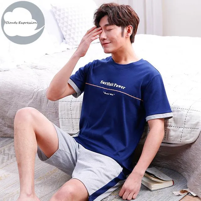 Summer Knitted Cotton Short Sleeved Men's Pajamas Sets Male Pajama Set Letter Pajama For Men Sleepwear Suit Homewear Size XXXL