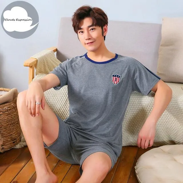 Summer Knitted Cotton Short Sleeved Men's Pajamas Sets Male Pajama Set Letter Pajama For Men Sleepwear Suit Homewear Size XXXL