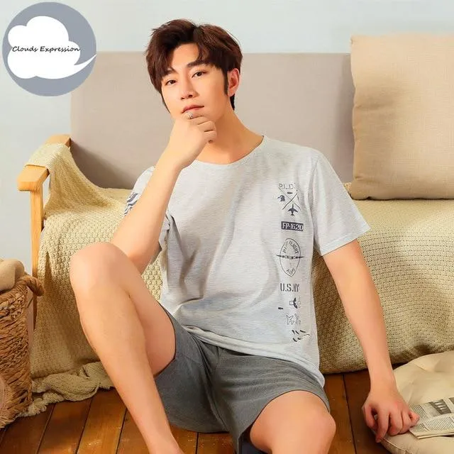 Summer Knitted Cotton Short Sleeved Men's Pajamas Sets Male Pajama Set Letter Pajama For Men Sleepwear Suit Homewear Size XXXL