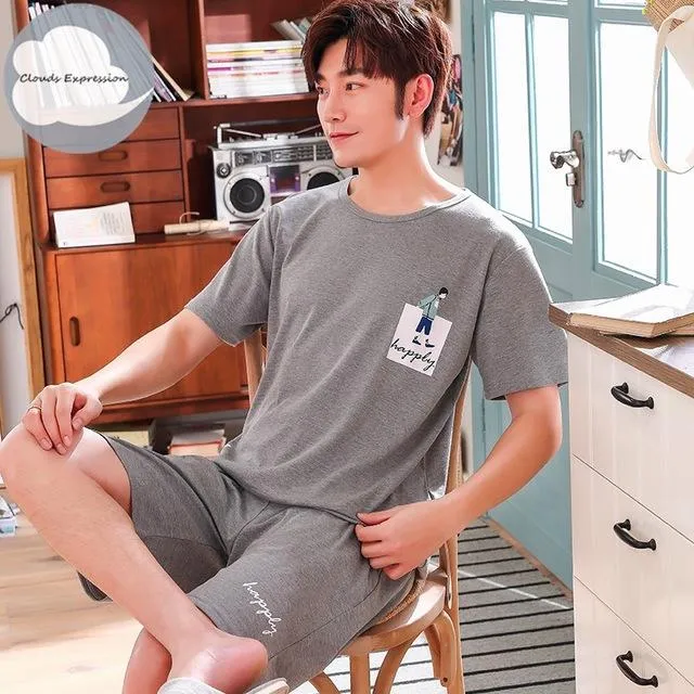 Summer Knitted Cotton Short Sleeved Men's Pajamas Sets Male Pajama Set Letter Pajama For Men Sleepwear Suit Homewear Size XXXL