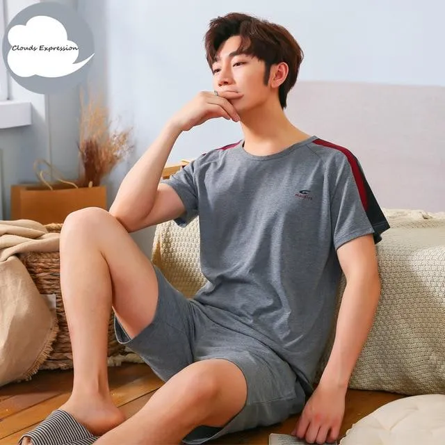 Summer Knitted Cotton Short Sleeved Men's Pajamas Sets Male Pajama Set Letter Pajama For Men Sleepwear Suit Homewear Size XXXL