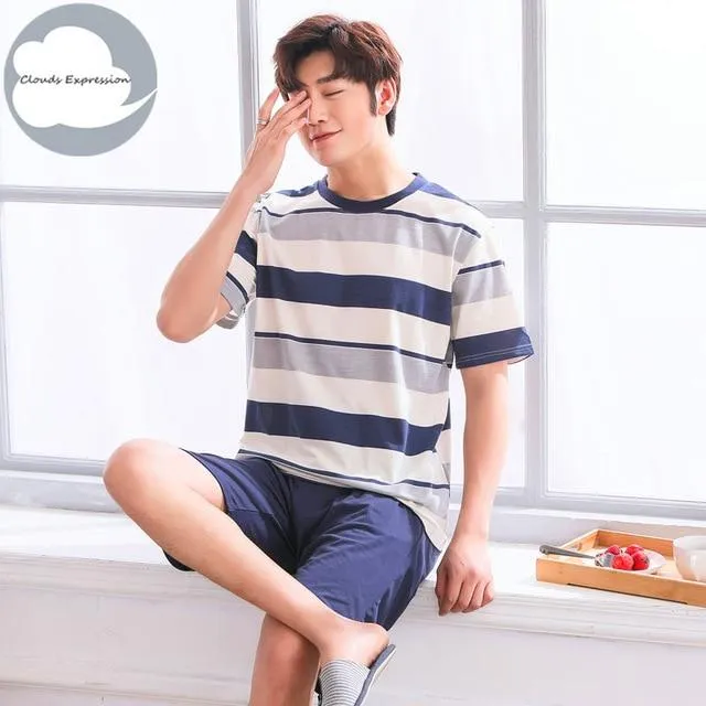 Summer Knitted Cotton Short Sleeved Men's Pajamas Sets Male Pajama Set Letter Pajama For Men Sleepwear Suit Homewear Size XXXL