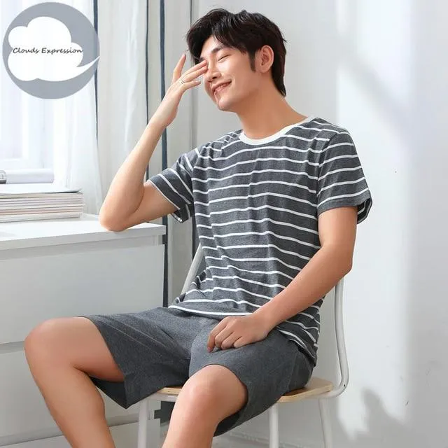 Summer Knitted Cotton Short Sleeved Men's Pajamas Sets Male Pajama Set Letter Pajama For Men Sleepwear Suit Homewear Size XXXL
