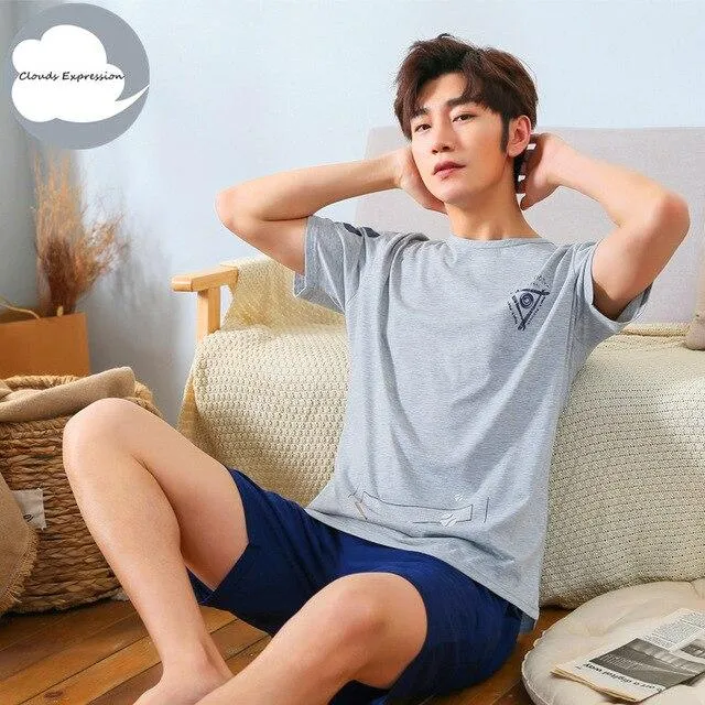 Summer Knitted Cotton Short Sleeved Men's Pajamas Sets Male Pajama Set Letter Pajama For Men Sleepwear Suit Homewear Size XXXL