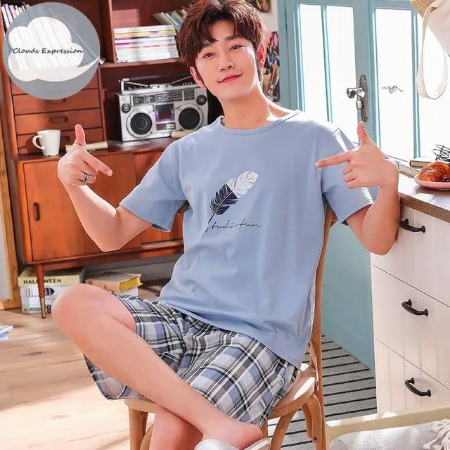 Summer Knitted Cotton Short Sleeved Men's Pajamas Sets Male Pajama Set Letter Pajama For Men Sleepwear Suit Homewear Size XXXL