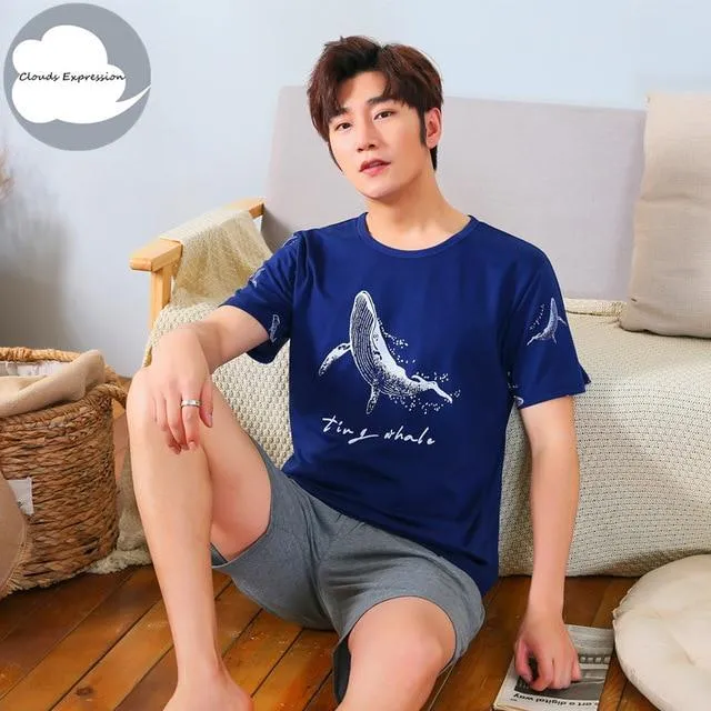 Summer Knitted Cotton Short Sleeved Men's Pajamas Sets Male Pajama Set Letter Pajama For Men Sleepwear Suit Homewear Size XXXL