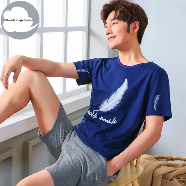Summer Knitted Cotton Short Sleeved Men's Pajamas Sets Male Pajama Set Letter Pajama For Men Sleepwear Suit Homewear Size XXXL