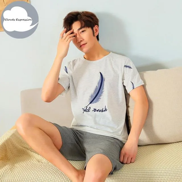 Summer Knitted Cotton Short Sleeved Men's Pajamas Sets Male Pajama Set Letter Pajama For Men Sleepwear Suit Homewear Size XXXL