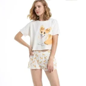 Summer Womens Pyjamas Short  Cotton Cartoon Pajamas Set Corgi Dog Print Sleepwear Pyjamas Nightwear Pijamas Size Home Clothing