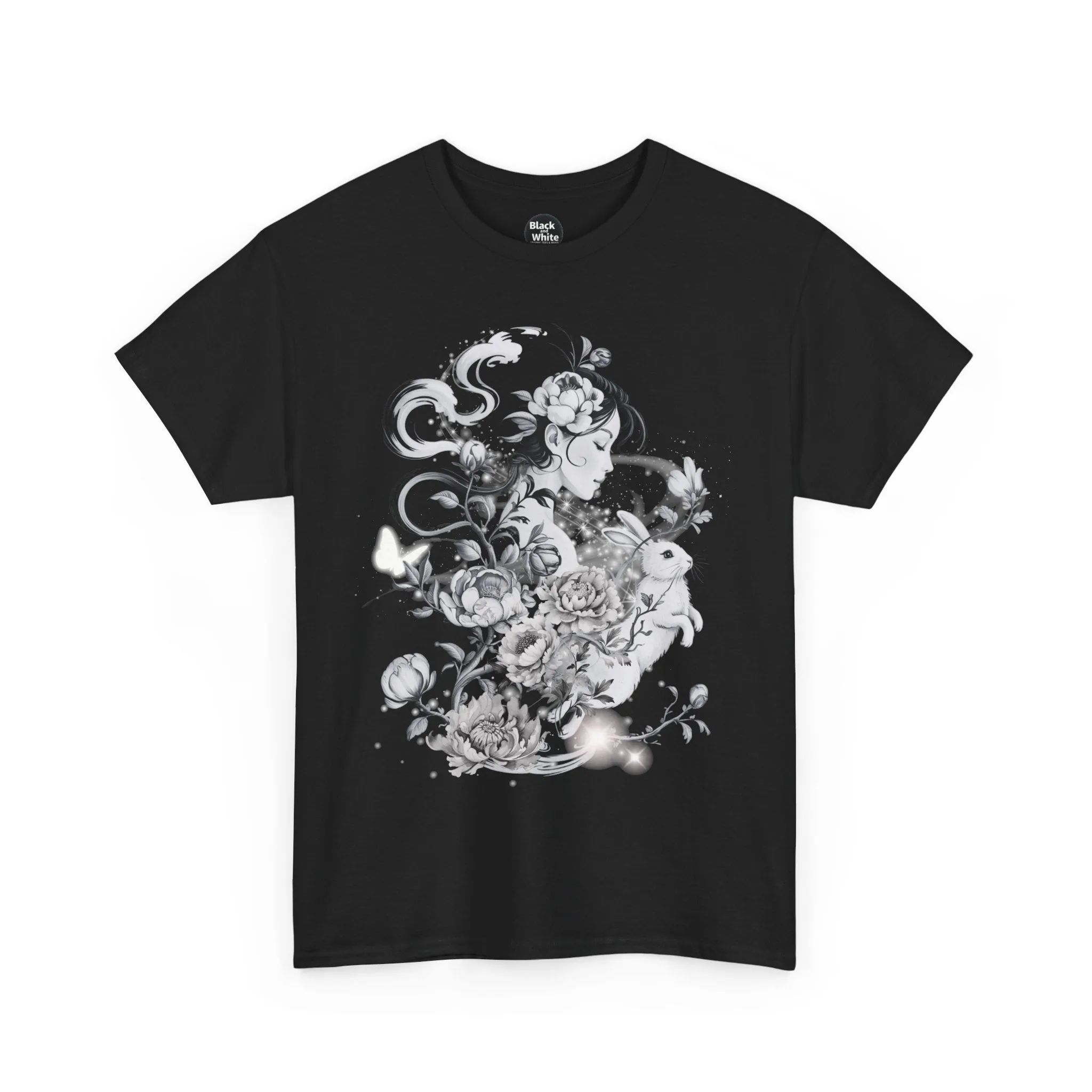 Unisex Heavy Cotton BlackTee, Chinoiserie Rabbit Floral Shirt – Spring Serenity Tee, Elegant Botanical Graphic T-Shirt, Vintage-Inspired Floral Art Apparel