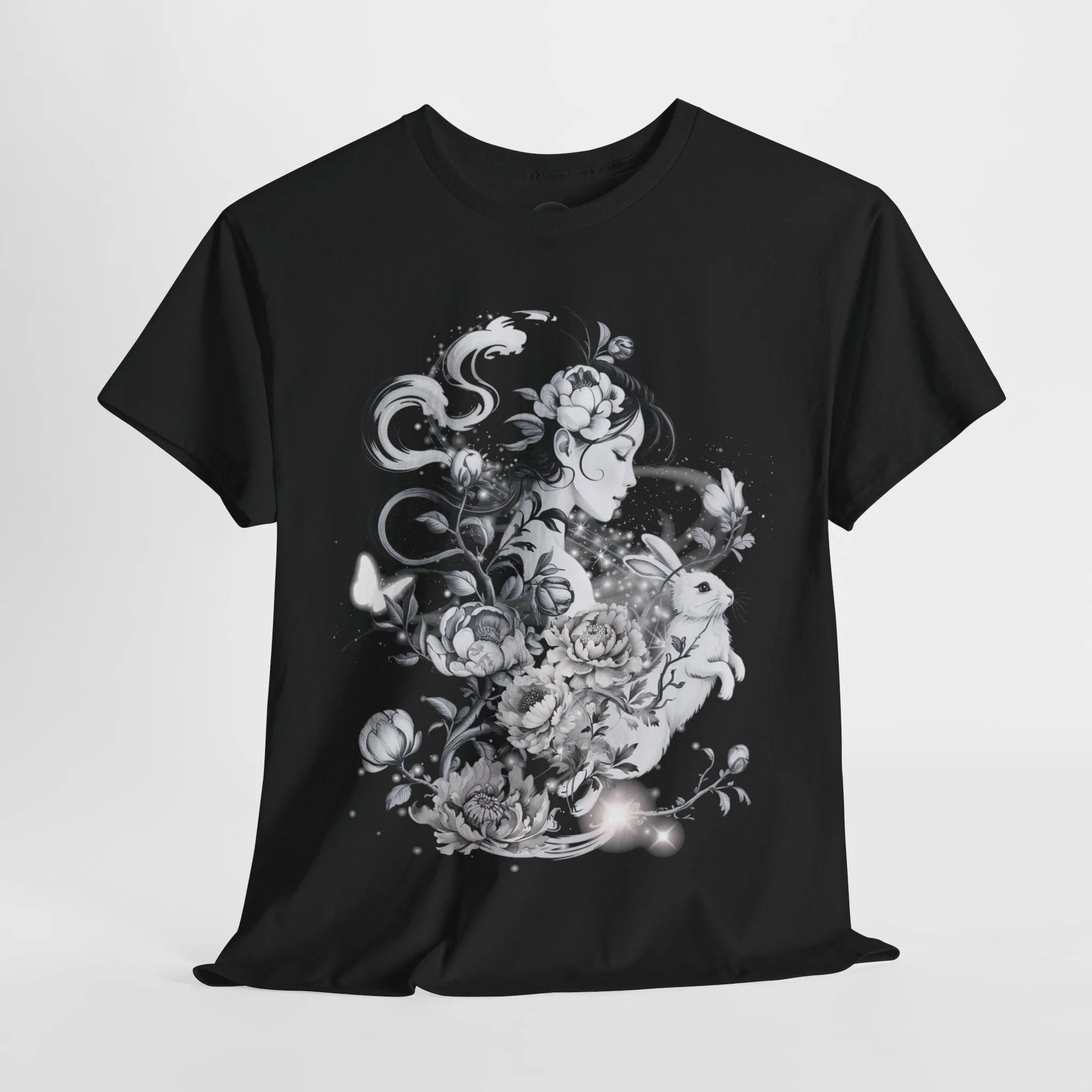 Unisex Heavy Cotton BlackTee, Chinoiserie Rabbit Floral Shirt – Spring Serenity Tee, Elegant Botanical Graphic T-Shirt, Vintage-Inspired Floral Art Apparel