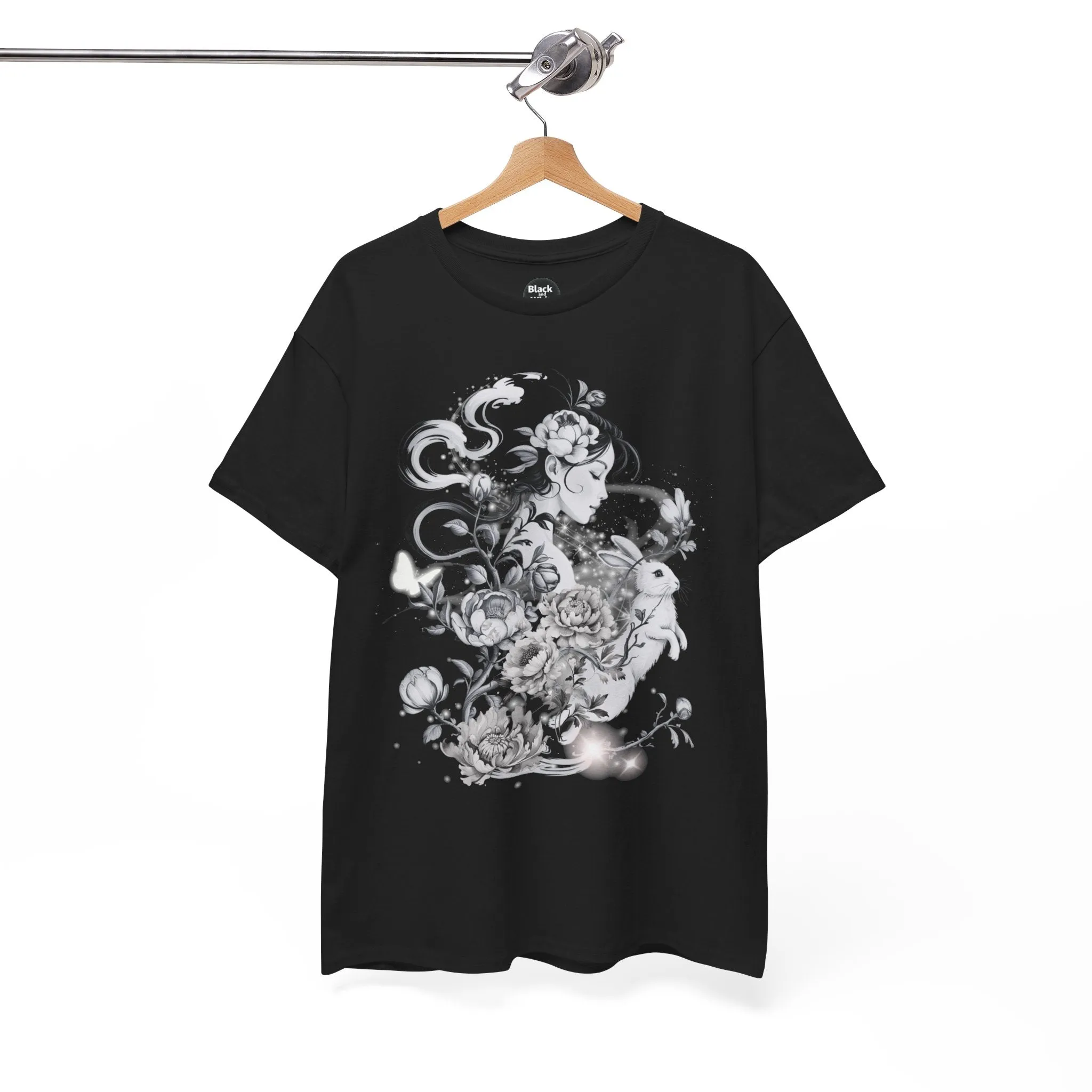 Unisex Heavy Cotton BlackTee, Chinoiserie Rabbit Floral Shirt – Spring Serenity Tee, Elegant Botanical Graphic T-Shirt, Vintage-Inspired Floral Art Apparel