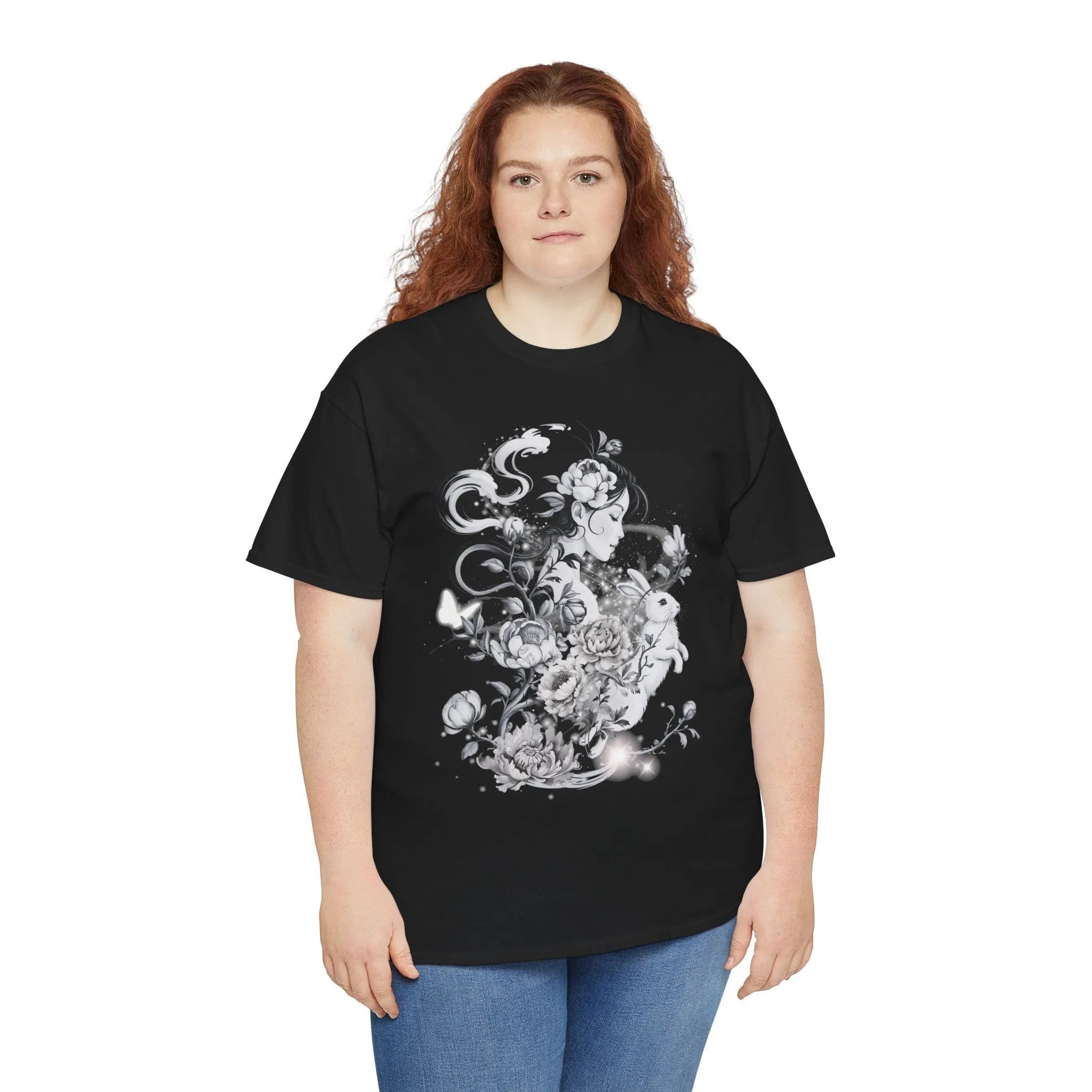 Unisex Heavy Cotton BlackTee, Chinoiserie Rabbit Floral Shirt – Spring Serenity Tee, Elegant Botanical Graphic T-Shirt, Vintage-Inspired Floral Art Apparel