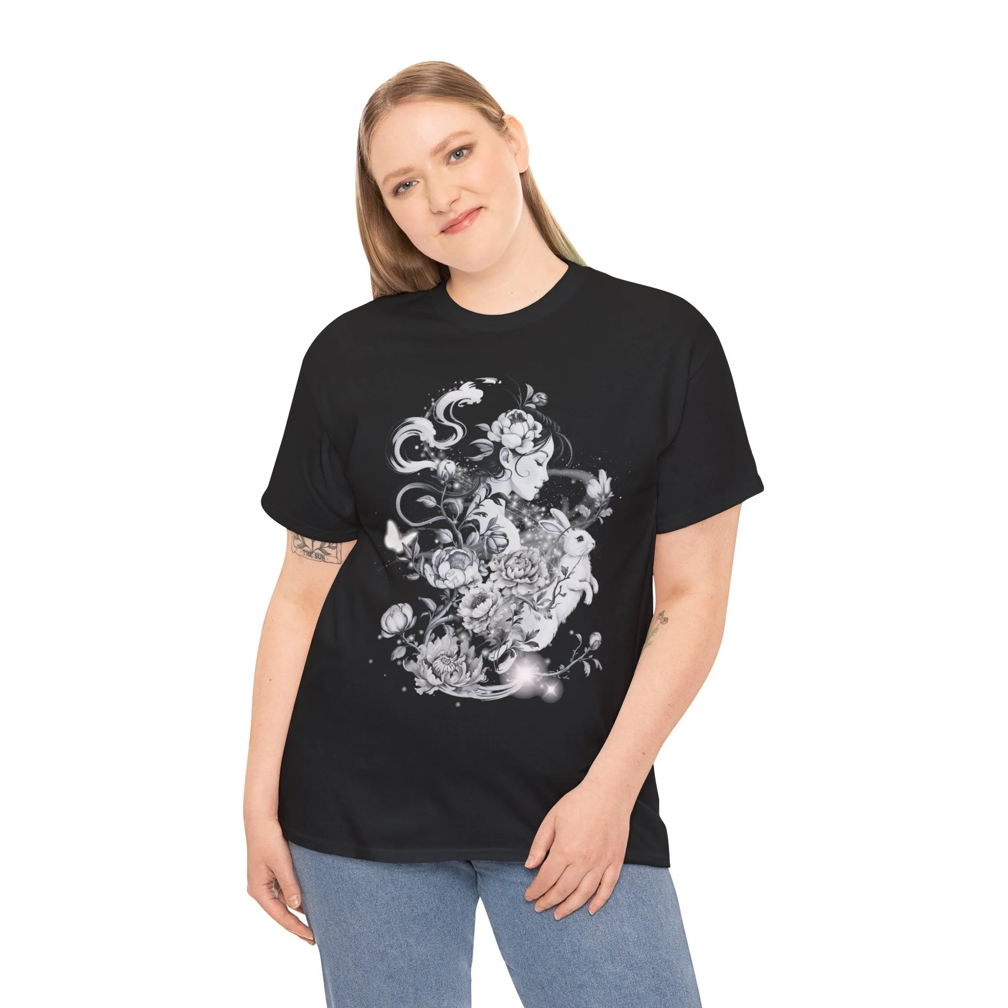Unisex Heavy Cotton BlackTee, Chinoiserie Rabbit Floral Shirt – Spring Serenity Tee, Elegant Botanical Graphic T-Shirt, Vintage-Inspired Floral Art Apparel