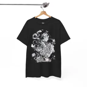 Unisex Heavy Cotton BlackTee, Chinoiserie Rabbit Floral Shirt – Spring Serenity Tee, Elegant Botanical Graphic T-Shirt, Vintage-Inspired Floral Art Apparel