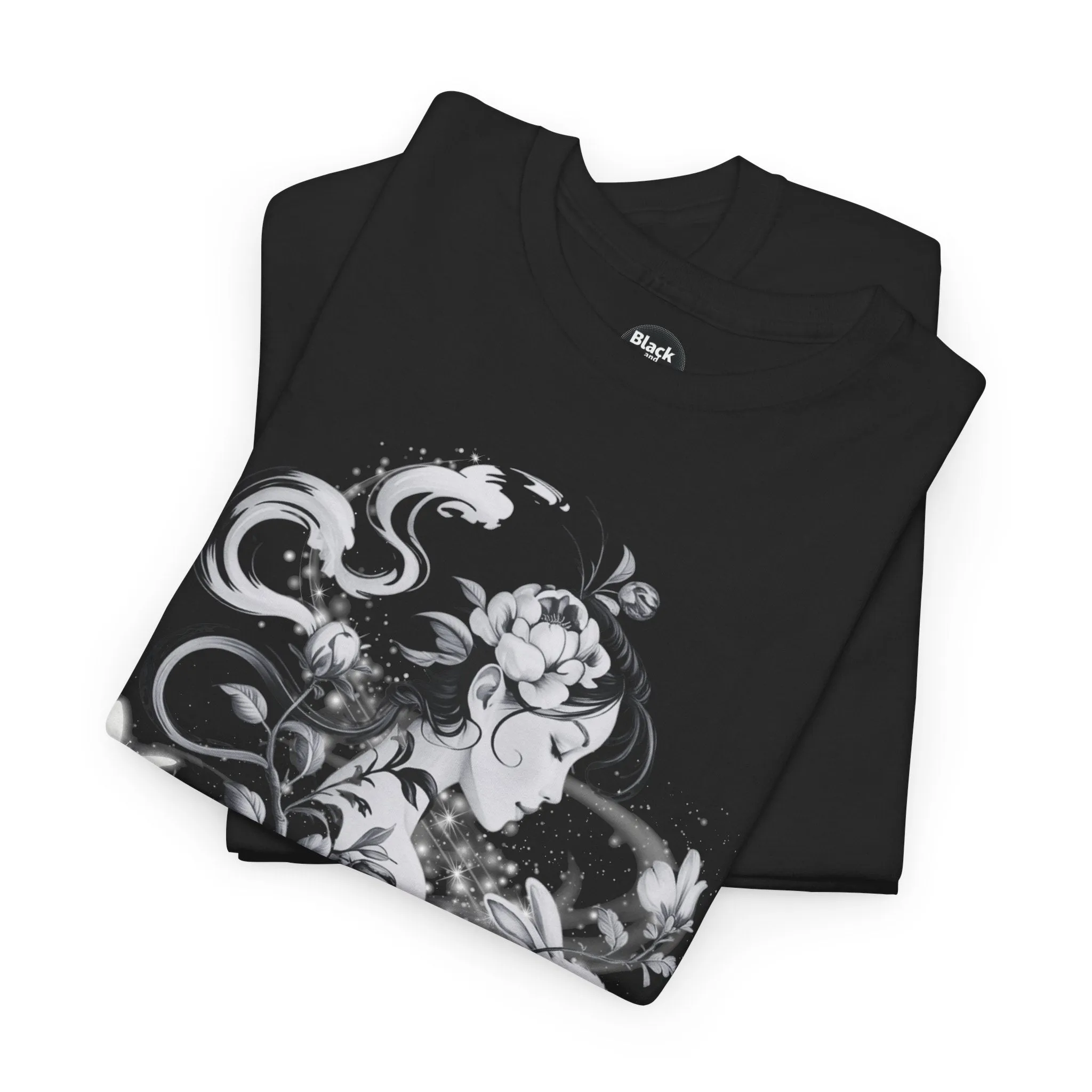 Unisex Heavy Cotton BlackTee, Chinoiserie Rabbit Floral Shirt – Spring Serenity Tee, Elegant Botanical Graphic T-Shirt, Vintage-Inspired Floral Art Apparel