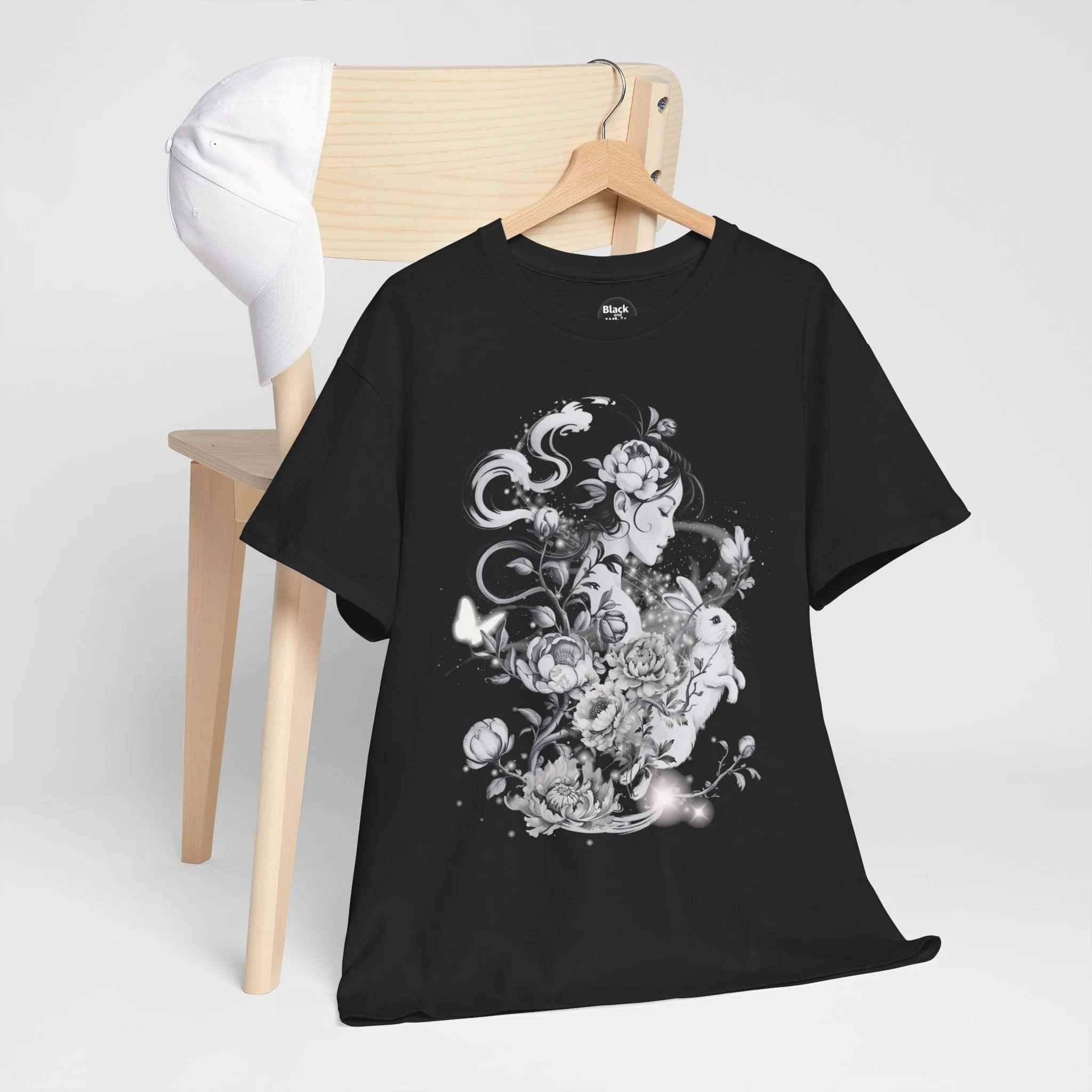 Unisex Heavy Cotton BlackTee, Chinoiserie Rabbit Floral Shirt – Spring Serenity Tee, Elegant Botanical Graphic T-Shirt, Vintage-Inspired Floral Art Apparel