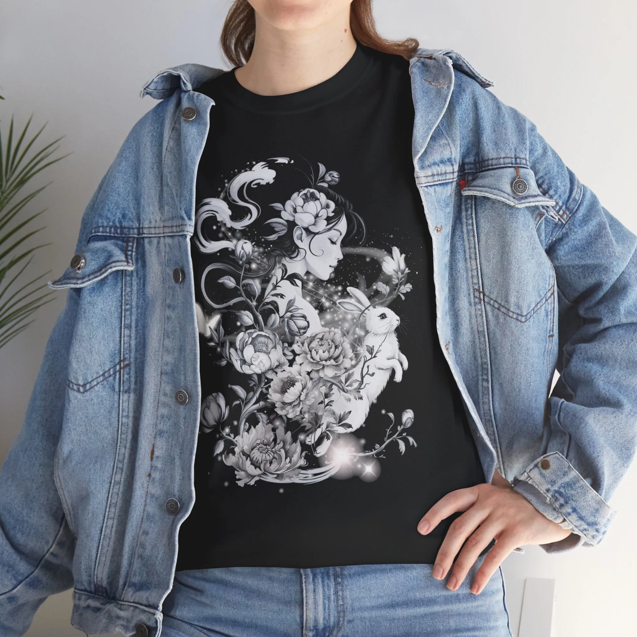 Unisex Heavy Cotton BlackTee, Chinoiserie Rabbit Floral Shirt – Spring Serenity Tee, Elegant Botanical Graphic T-Shirt, Vintage-Inspired Floral Art Apparel
