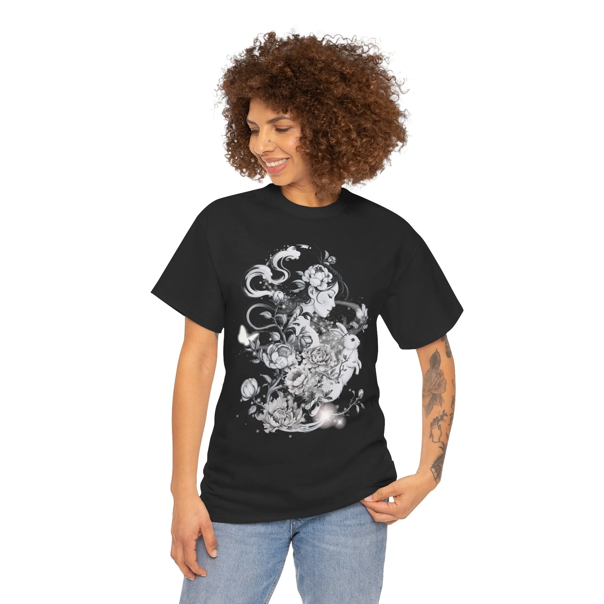Unisex Heavy Cotton BlackTee, Chinoiserie Rabbit Floral Shirt – Spring Serenity Tee, Elegant Botanical Graphic T-Shirt, Vintage-Inspired Floral Art Apparel