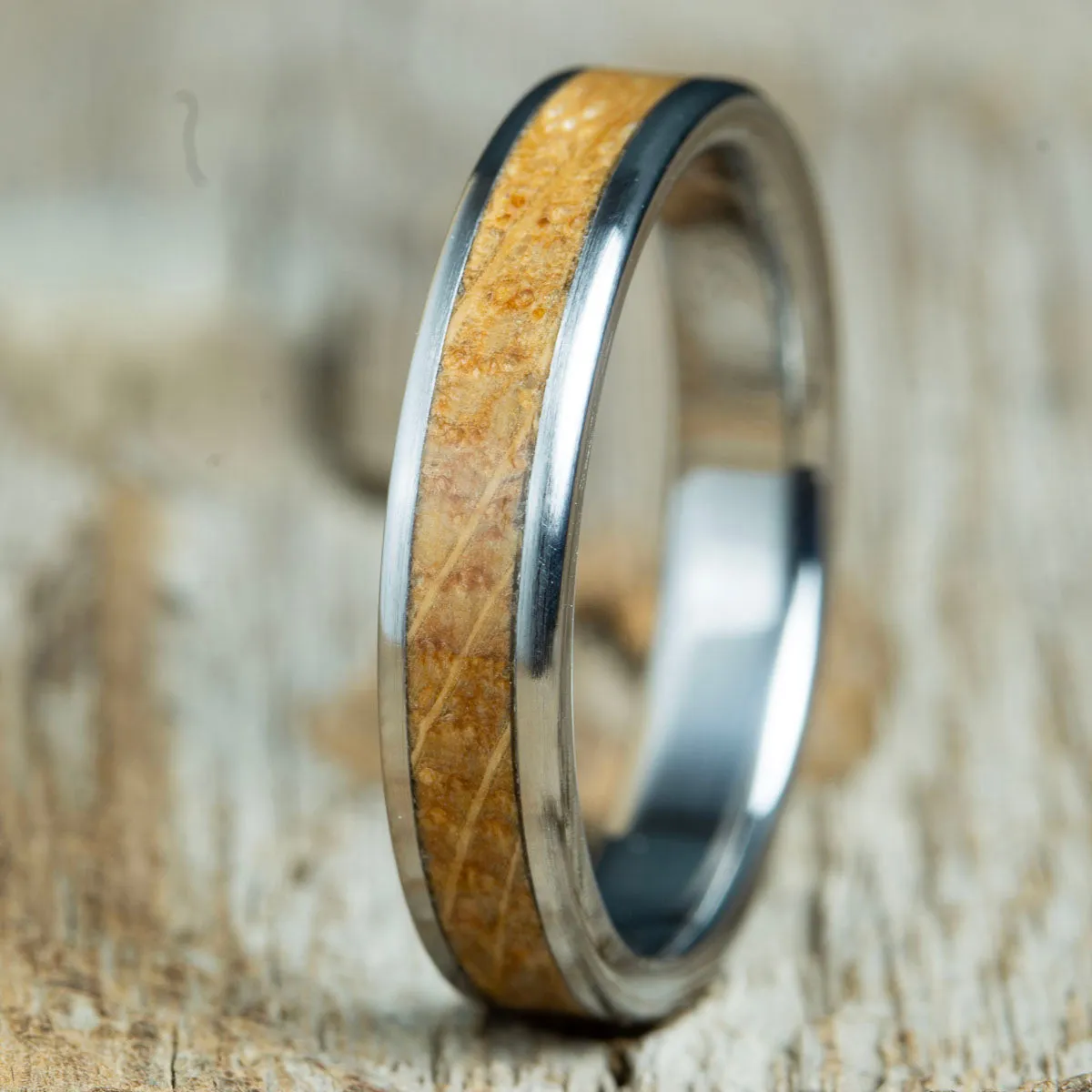 Womens wooden wedding band with whiskey barrel wood
