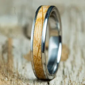 Womens wooden wedding band with whiskey barrel wood